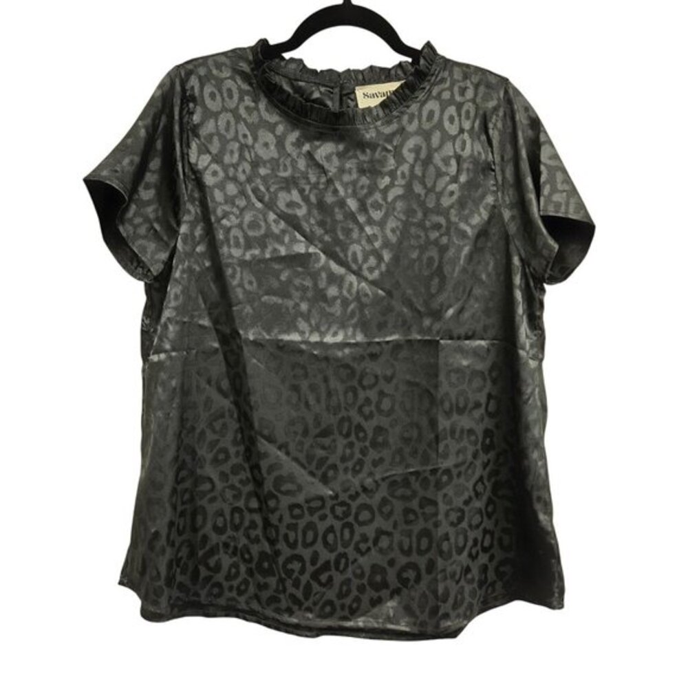 Savanna Jane Satin Animal Print Blouse Ruffle Collar‎ Business Neutral L New Top
